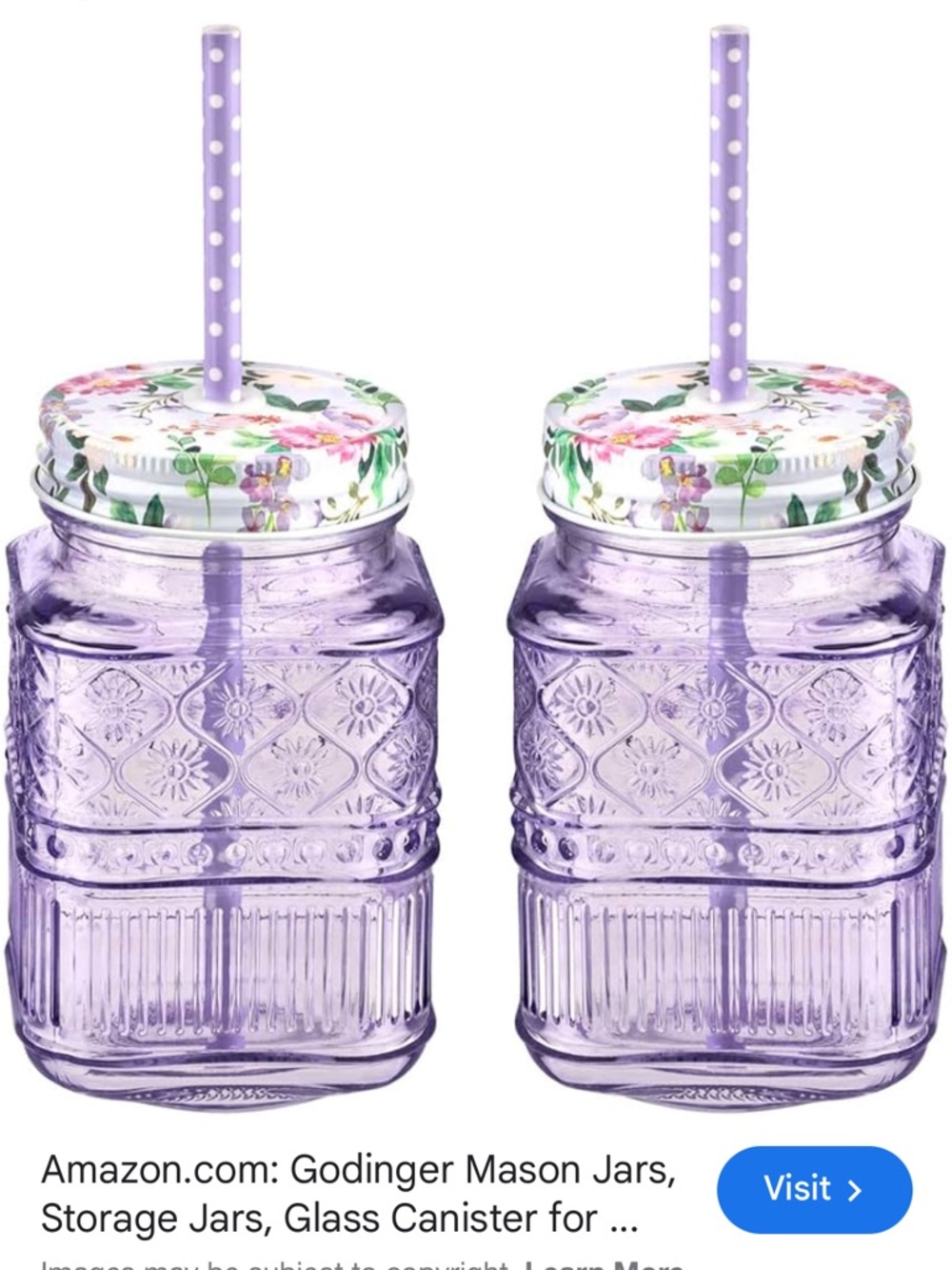 Godinger Claro Purple Crystal Mason Jar Glasses with Lids and Straws - Set of 2